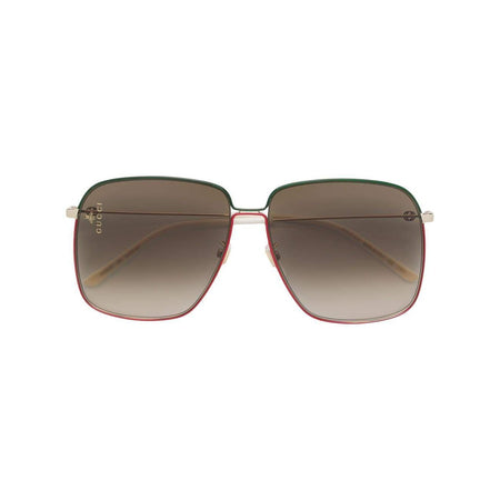GUCCI Logo Rectangular Metal Frame Sunglasses, Gold Tone/ Multi