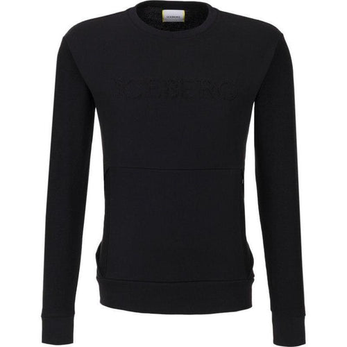 ICEBERG Reversed Weave Logo Crewneck, Black-OZNICO