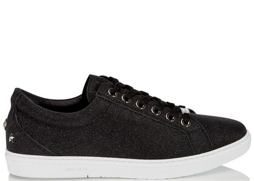 JIMMY CHOO Cash Fine Glitter Leather Low Top Trainers, Black-OZNICO