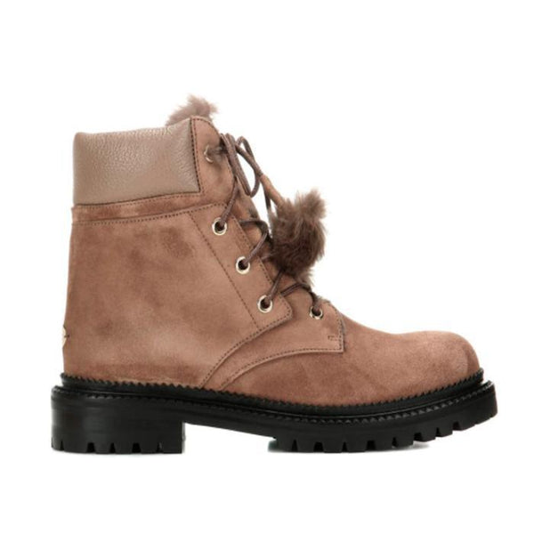 JIMMY CHOO Elba Suede and Rabbit-Fur Ankle Boots, Light Mocha-OZNICO