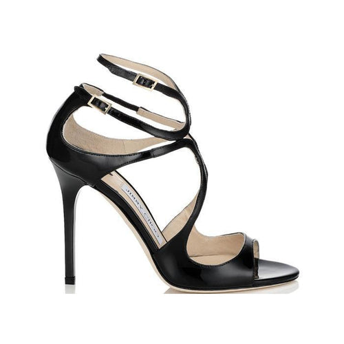 JIMMY CHOO Lang Patent Strappy Sandals, Black-OZNICO