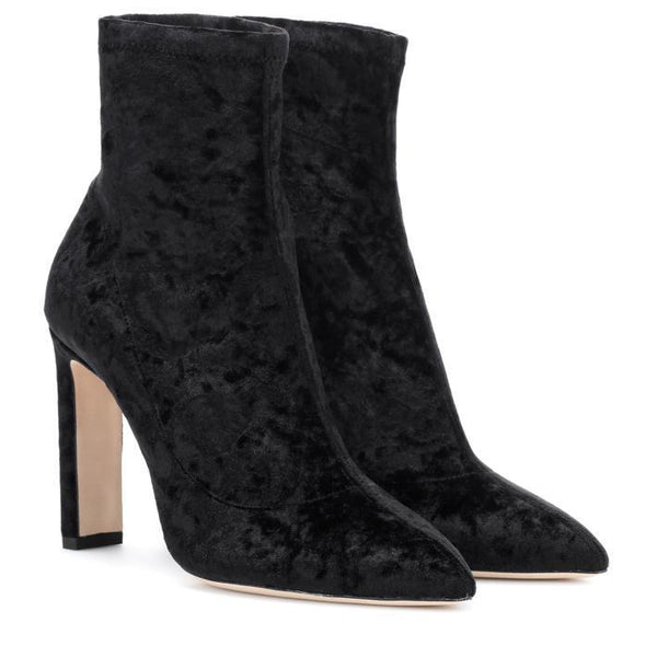 JIMMY CHOO Louella 100 Ankle Boot, Black Crushed Stretch Velvet-OZNICO