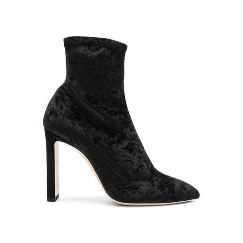 JIMMY CHOO Louella 100 Ankle Boot, Black Crushed Stretch Velvet-OZNICO