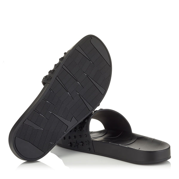 JIMMY CHOO Rey Star Embossed Rubber Slides, Black-OZNICO