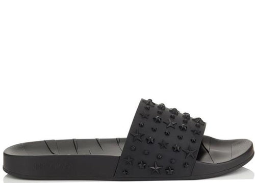 JIMMY CHOO Rey Star Embossed Rubber Slides, Black-OZNICO