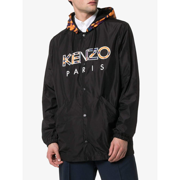KENZO Logo Print Hooded Windbreaker Jacket, Black-OZNICO