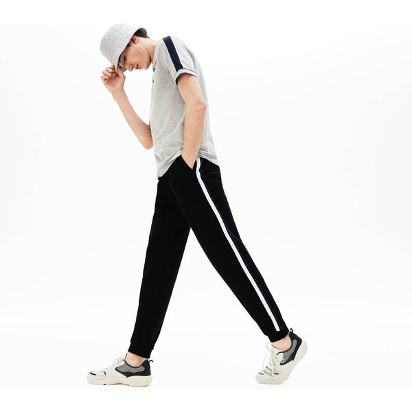 LACOSTE Striped Accent Fleece Sweatpants, Black-OZNICO