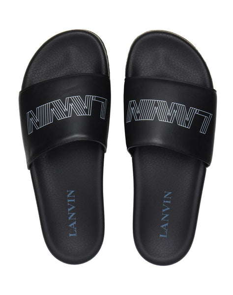 LANVIN Logo Pool Slides, Black-OZNICO