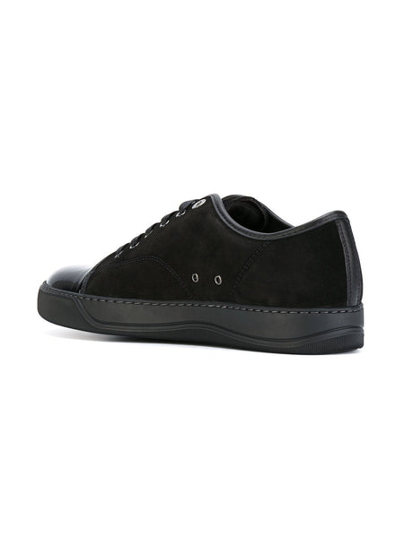 LANVIN Suede and Patent Cap-Toe Sneaker, Black-OZNICO