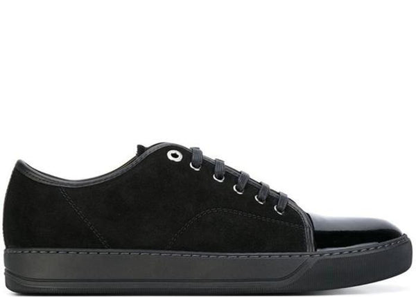 LANVIN Suede and Patent Cap-Toe Sneaker, Black-OZNICO