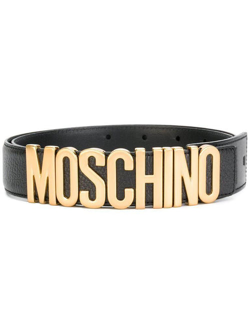 MOSCHINO Men's Textured Logo Belt, Black-Gold-OZNICO