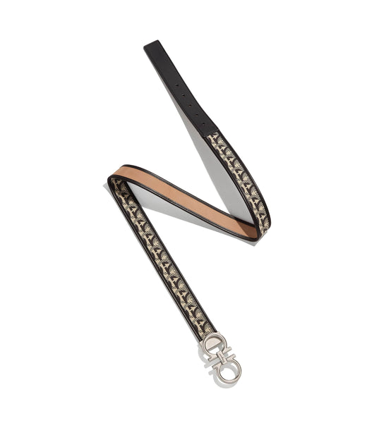 SALVATORE FERRAGAMO Adjustable Gancini Belt, Beige/ Black-OZNICO