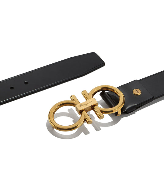 SALVATORE FERRAGAMO Adjustable Gancini Belt, Black/ Gold-OZNICO