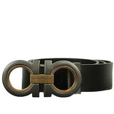 SALVATORE FERRAGAMO Oversized Double Gancini Belt, Black-OZNICO