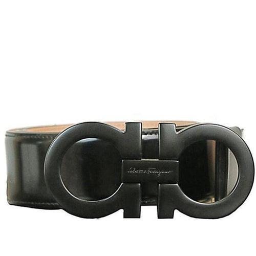 SALVATORE FERRAGAMO Oversized Double Gancini Belt, Black-OZNICO
