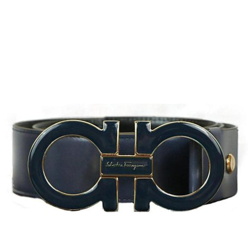 SALVATORE FERRAGAMO Oversized Double Gancini Belt, Marine Blue-OZNICO