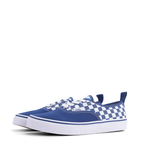 VANS Kids Authentic Elastic Lace Checkerboard, White/ Blue-OZNICO
