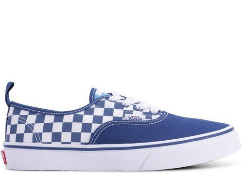 VANS Kids Authentic Elastic Lace Checkerboard, White/ Blue-OZNICO