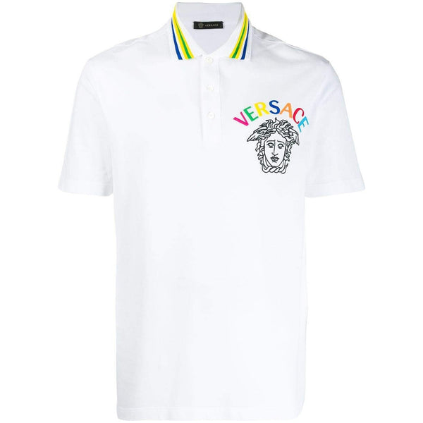VERSACE Embroidered Medusa Polo Shirt, White-OZNICO
