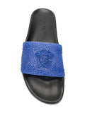 VERSACE Glitter Medusa Logo Slides, Blue-OZNICO