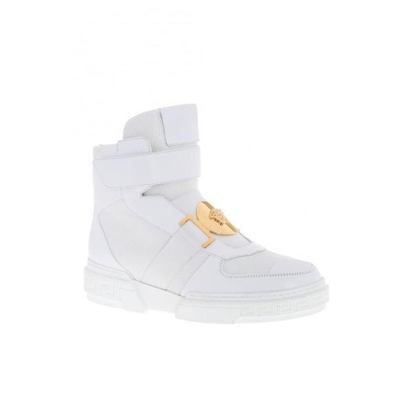 Versace Perforated High-top Sneakers, White-OZNICO