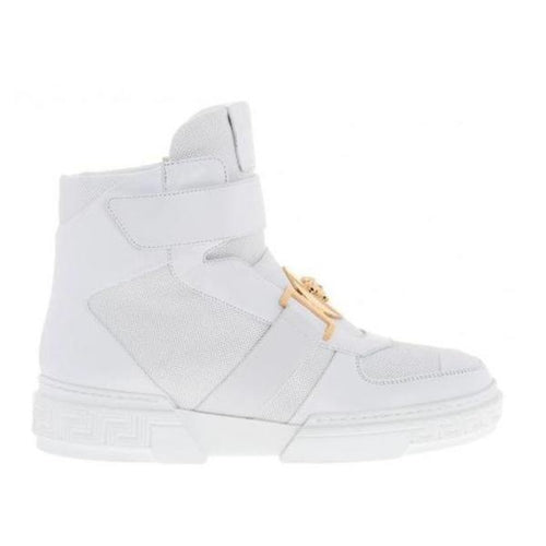 Versace Perforated High-top Sneakers, White-OZNICO